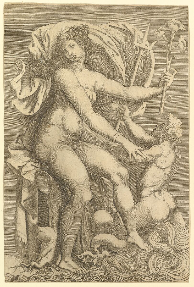 Thetis Seated with a Triton, Anonymous, Italian?, 16th century, Engraving 