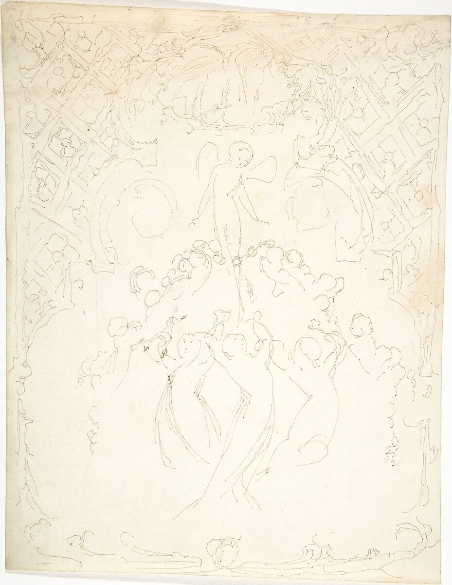 Design with Dancing Figures, William Pitts (British, London 1790–1840 London), Pen and brown ink 