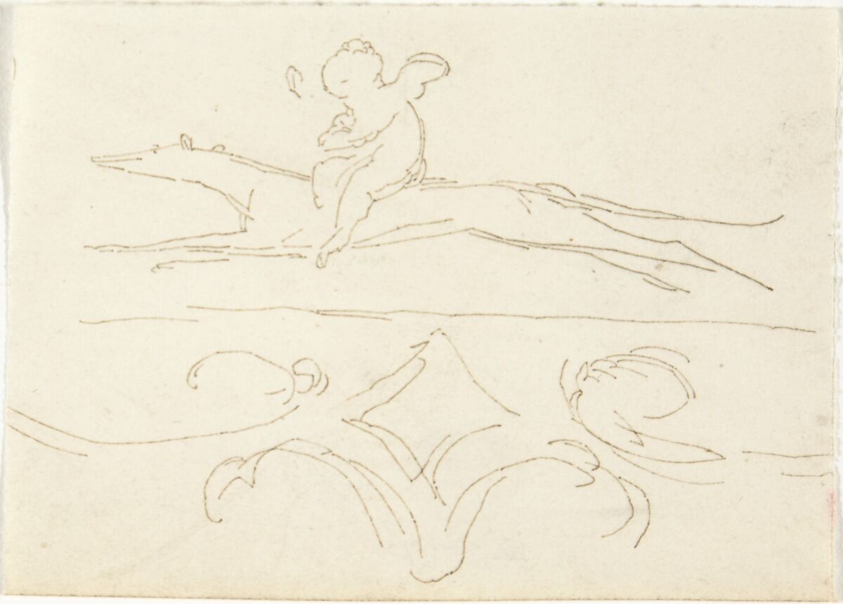 Sketch of a Child Riding a Dog, William Pitts (British, London 1790–1840 London), Pen and brown ink 