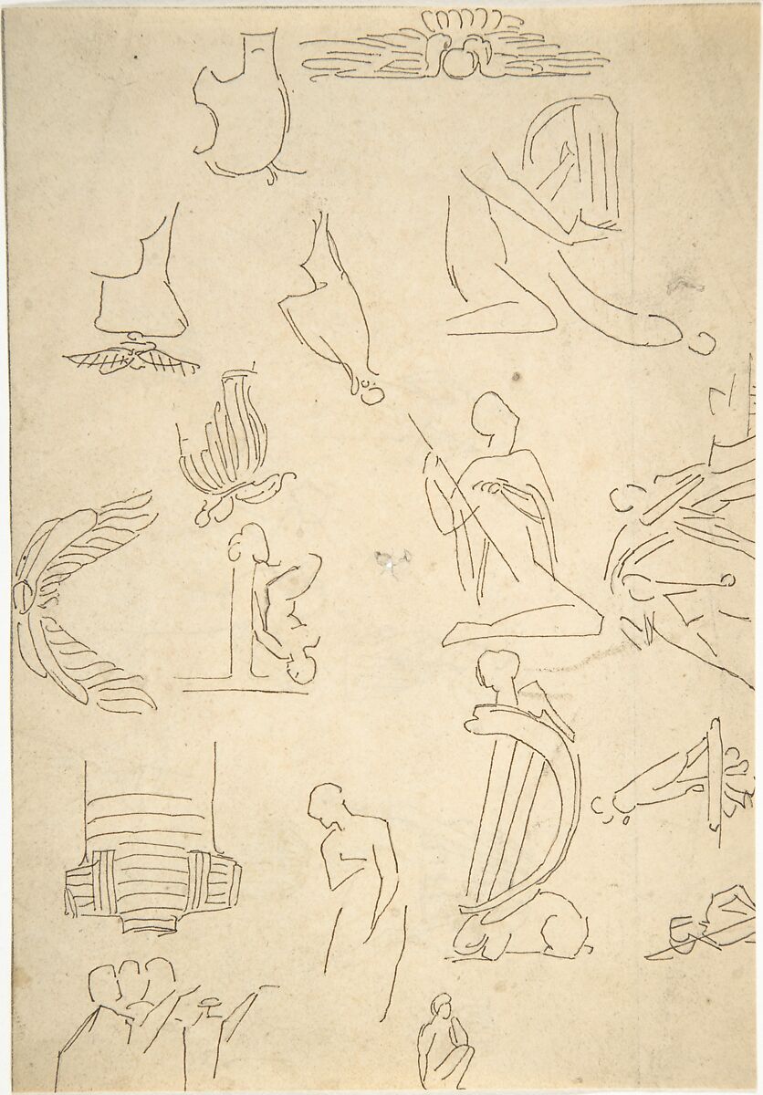 Sketches of Miscellaneous Egyptian Details and Figures (recto and verso), William Pitts (British, London 1790–1840 London), Pen and brown ink 