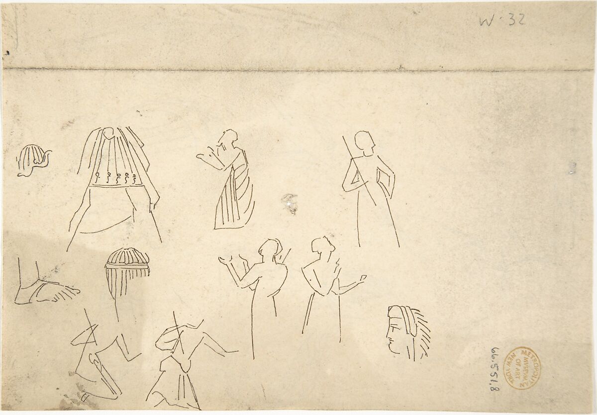 Sketches of Miscellaneous Egyptian Details and Figures (recto and verso), William Pitts (British, London 1790–1840 London), Pen and brown ink