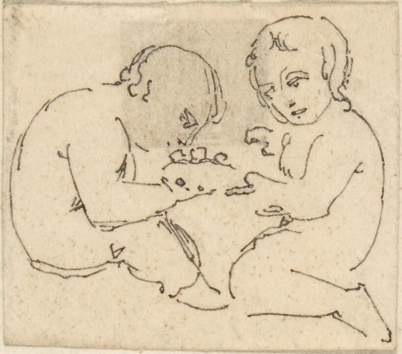 Sketch of Two Children, William Pitts (British, London 1790–1840 London), Pen and brown ink 