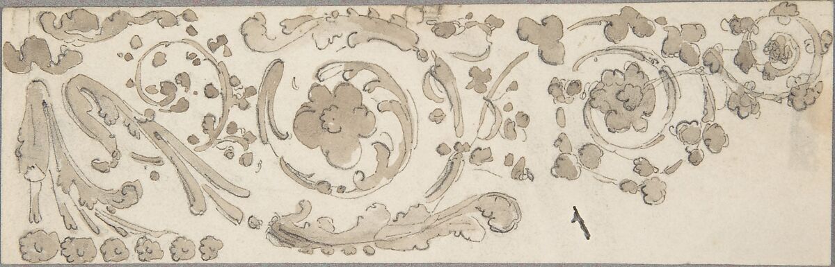 Sketch of Foliate Decoration, William Pitts (British, London 1790–1840 London), Pen and brown ink, brush and brown wash, over graphite 