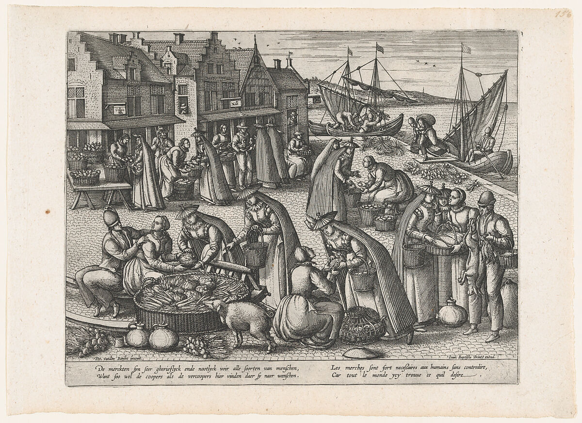 Vegetable Market, from the pair Meat Market and Vegetable Market, Peeter van der Borcht (Netherlandish, Mechelen ca. 1535–1608 Antwerp), Etching 