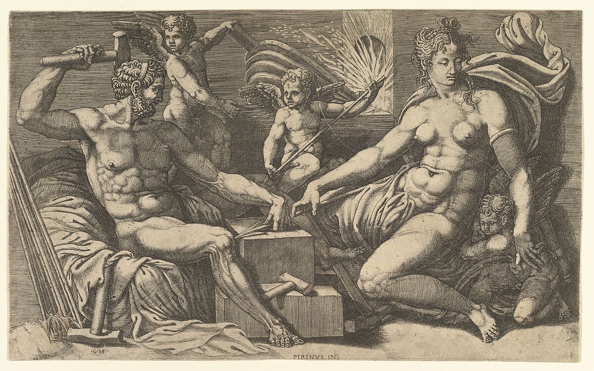 Venus and Vulcan at the Forge, Giorgio Ghisi (Italian, Mantua ca. 1520–1582 Mantua), Engraving 
