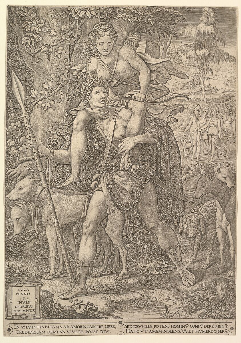 Allegory of the Hunt; a hunter holding a large spear carrying a woman (Diana?) on his shoulders; five hunting dogs in the foreground and a retinue of male and female hunters in the background, Giorgio Ghisi (Italian, Mantua ca. 1520–1582 Mantua), Engraving 