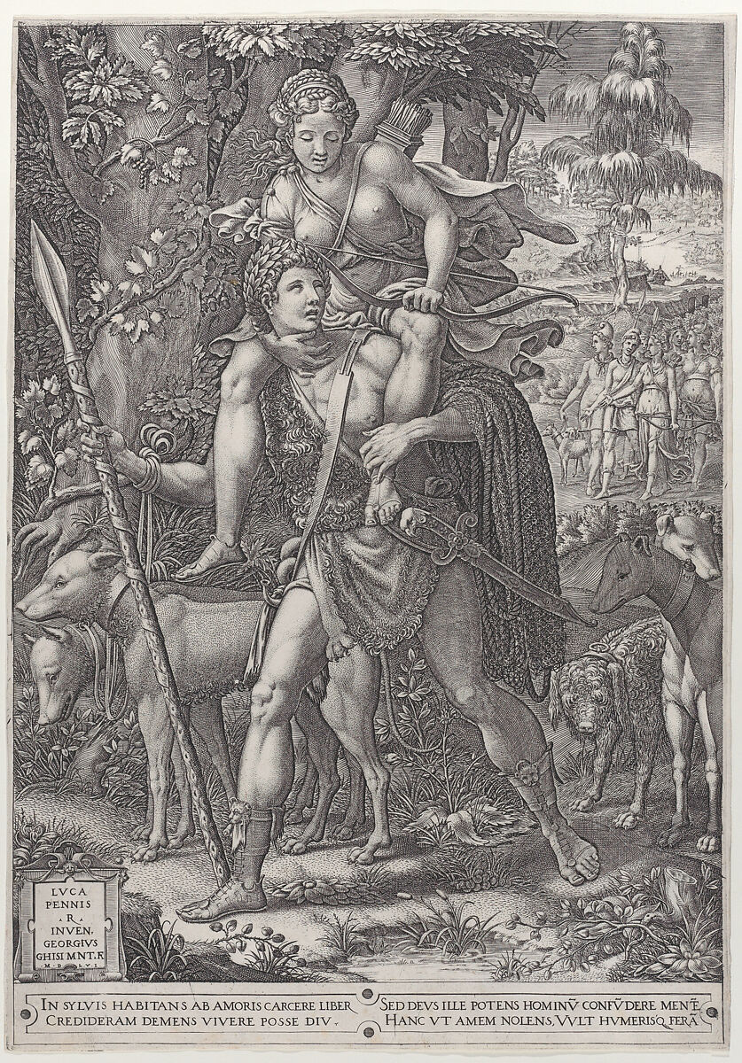 Allegory of the Hunt; a hunter holding a large spear carrying a woman (Diana?) on his shoulders; five hunting dogs in the foreground and a retinue of male and female hunters in the background, Giorgio Ghisi (Italian, Mantua ca. 1520–1582 Mantua), Engraving; second state of four