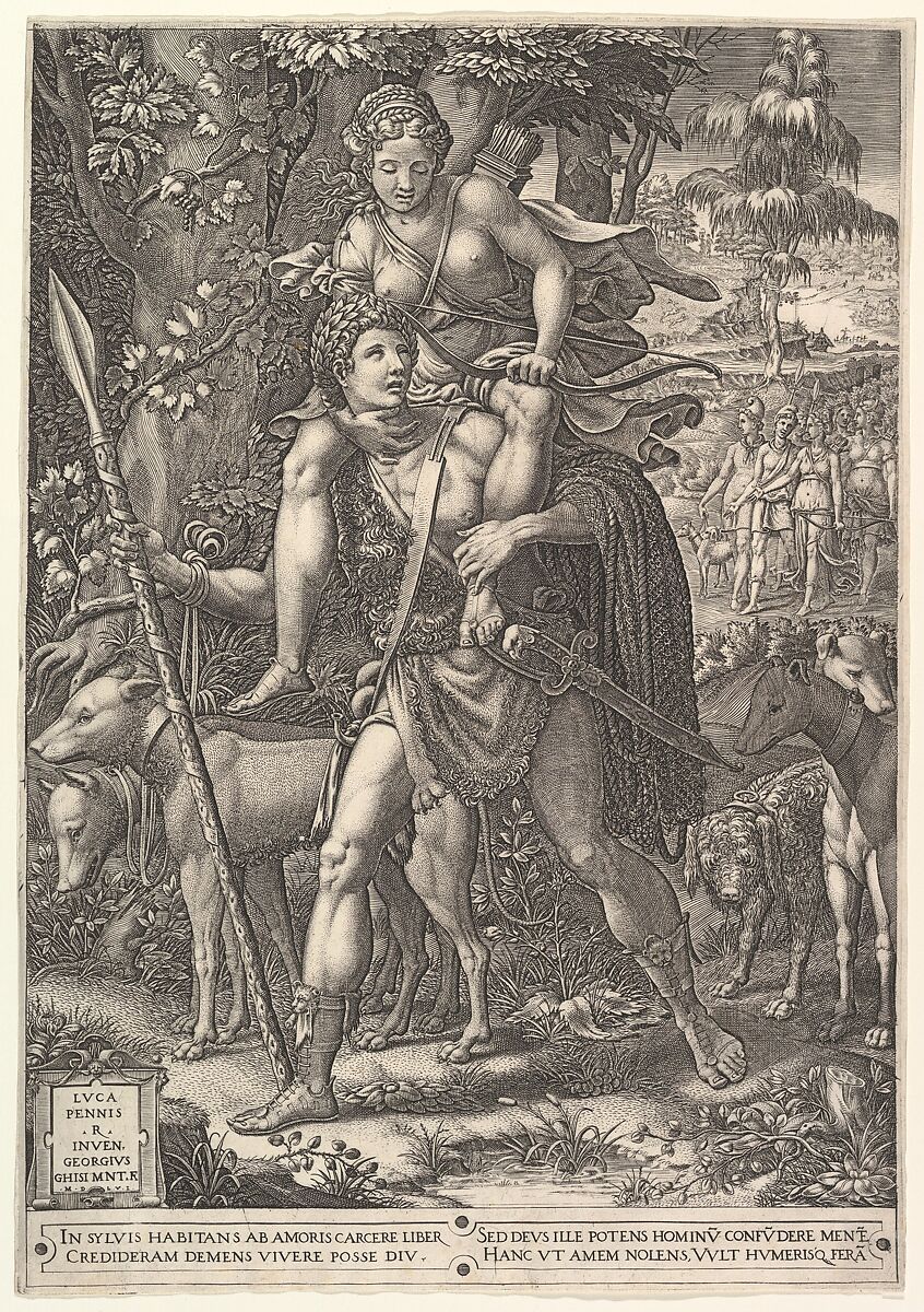 Allegory of the Hunt; a hunter holding a large spear carrying a woman (Diana?) on his shoulders; five hunting dogs in the foreground and a retinue of male and female hunters in the background, Giorgio Ghisi (Italian, Mantua ca. 1520–1582 Mantua), Engraving; second state of four 