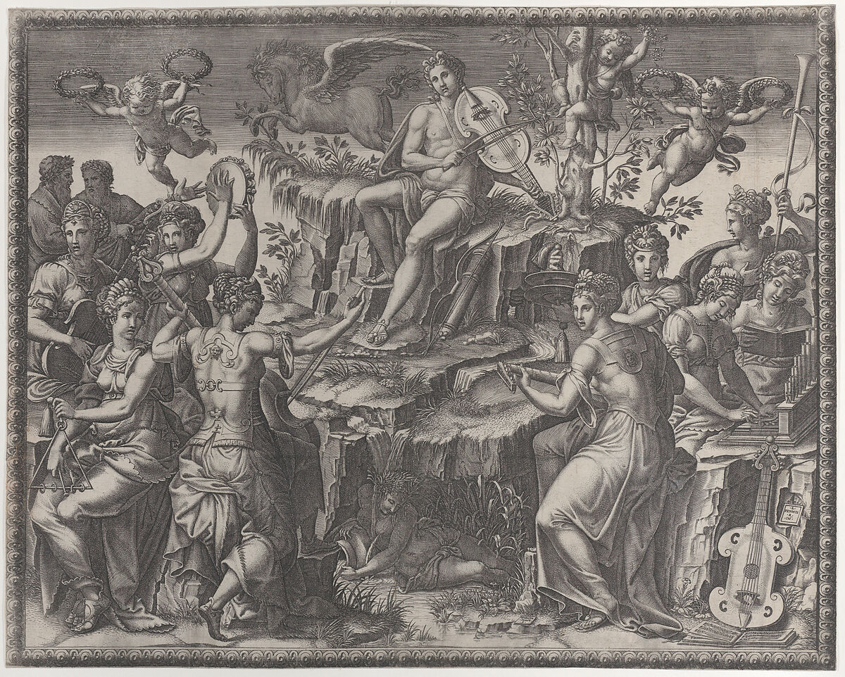 Apollo and the Muses, Giorgio Ghisi (Italian, Mantua ca. 1520–1582 Mantua), Engraving; first state of three