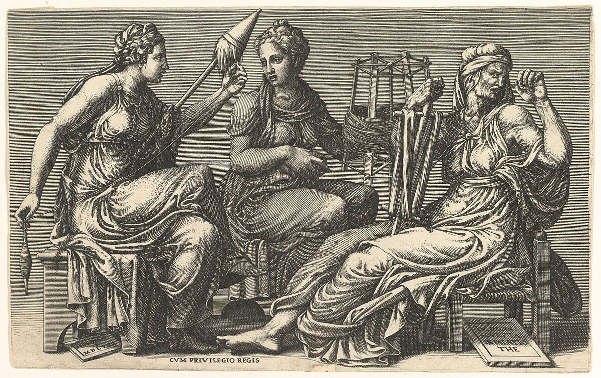 The Three Fates Clotho, Lachesis, and Atropos, Giorgio Ghisi (Italian, Mantua ca. 1520–1582 Mantua), Engraving 