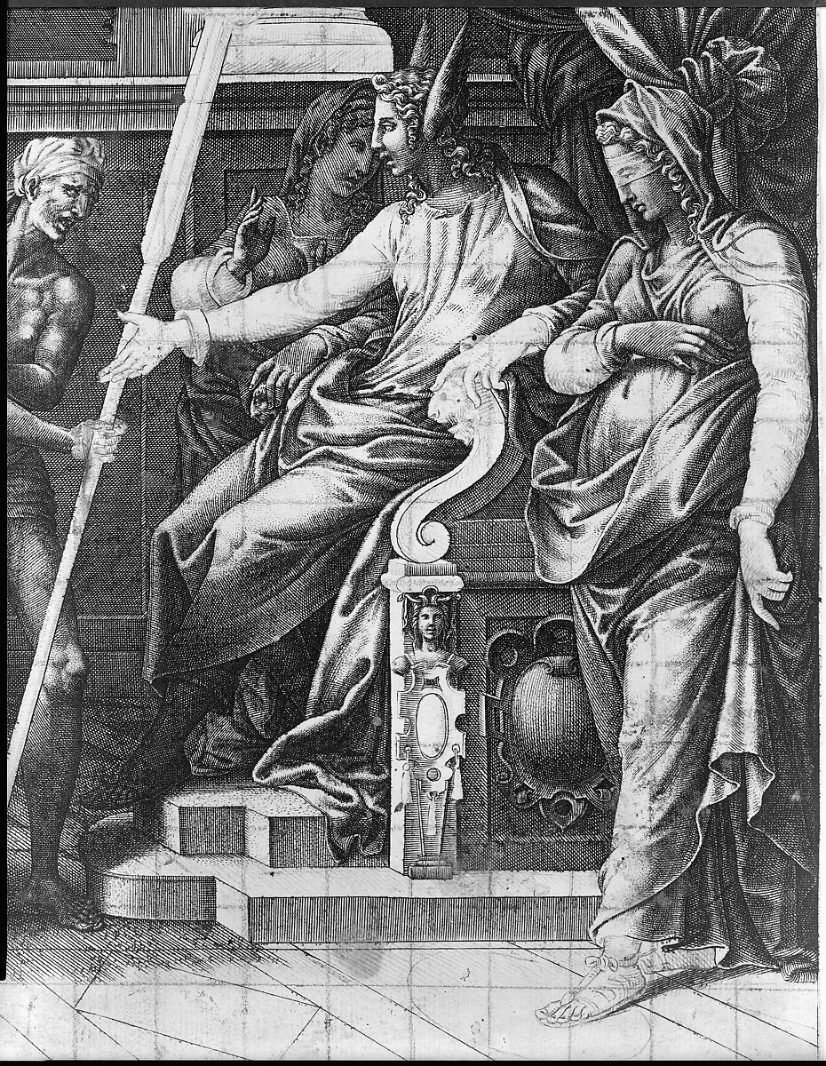 The Calumny of Apelles, Giorgio Ghisi (Italian, Mantua ca. 1520–1582 Mantua), Engraving; first state of six, with pen and ink; partially squared