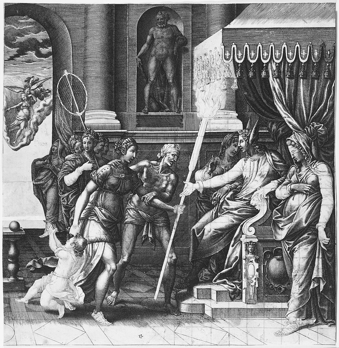 The Calumny of Apelles, Giorgio Ghisi (Italian, Mantua ca. 1520–1582 Mantua), Engraving; first state of six, with pen and ink; partially squared