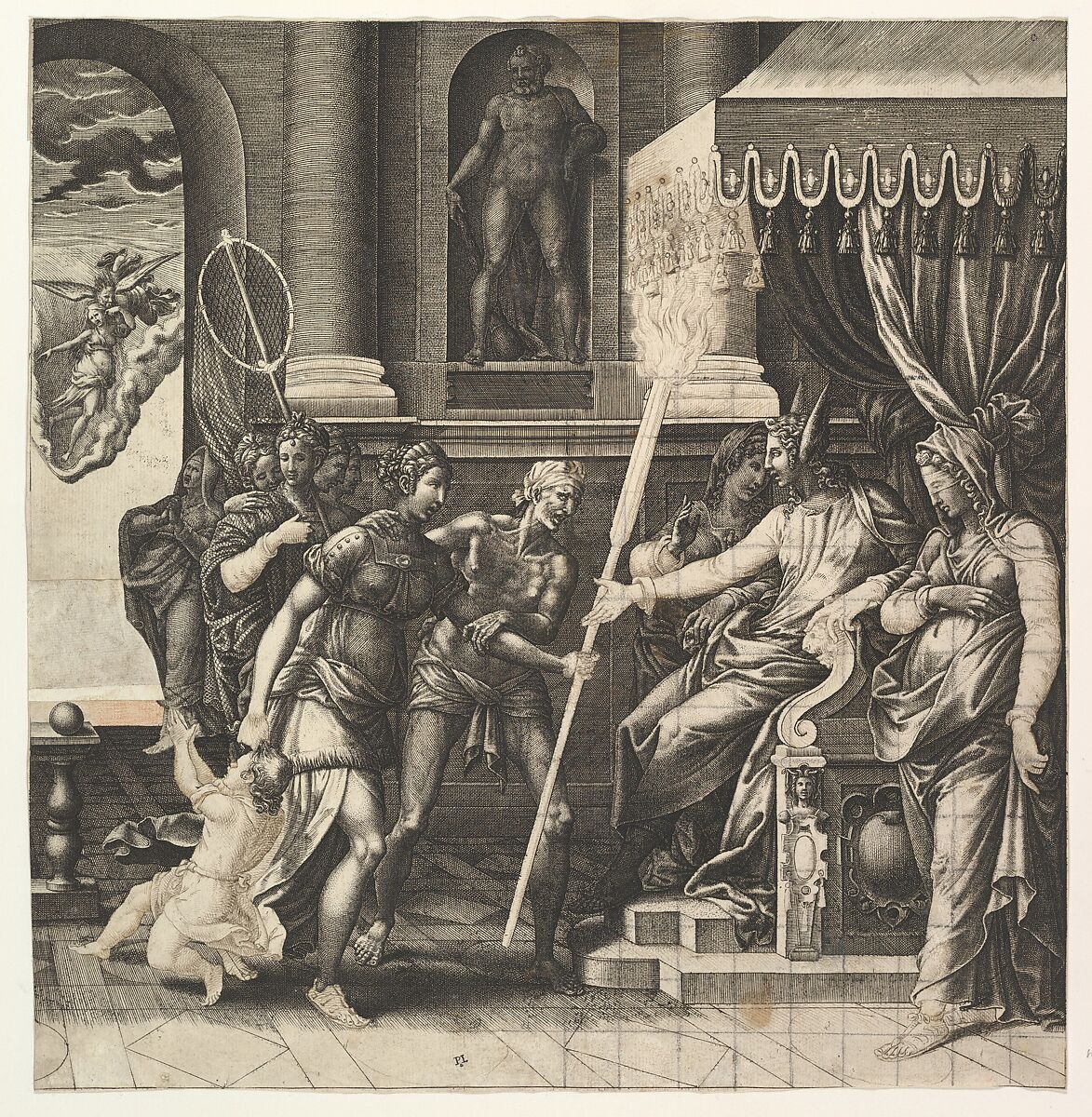 The Calumny of Apelles, Giorgio Ghisi (Italian, Mantua ca. 1520–1582 Mantua), Engraving; first state of six, with pen and ink; partially squared 