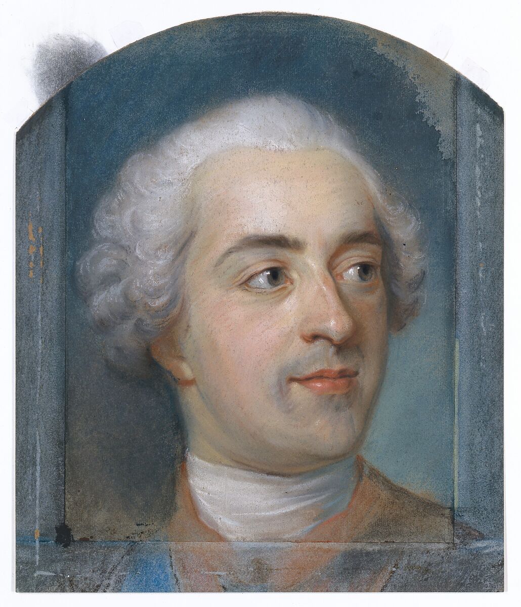 Préparation for a Portrait of Louis XV (1710-1774), Maurice Quentin de La Tour (French, Saint-Quentin 1704–1788 Saint-Quentin), Pastel on blue paper, arched top