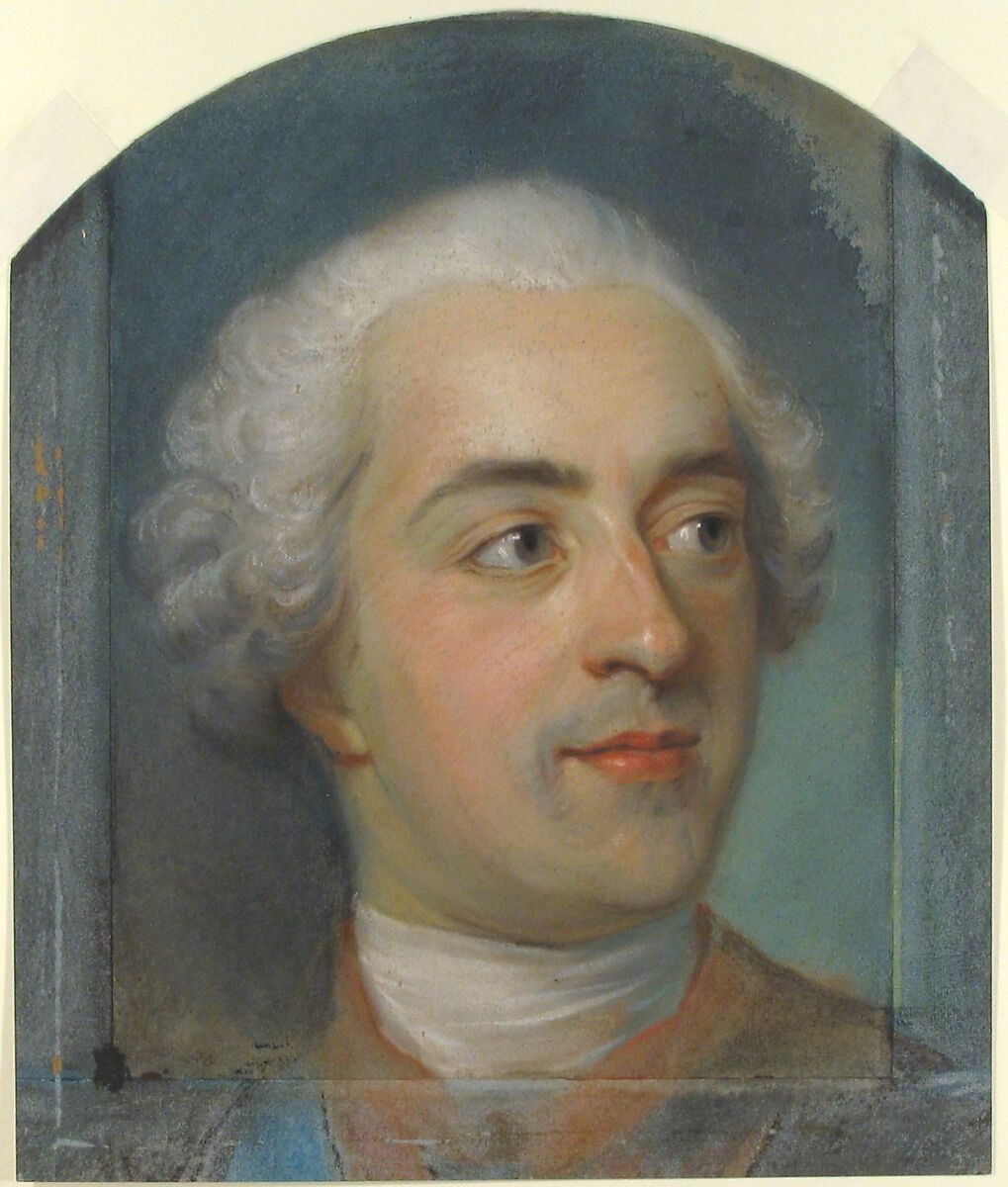 Préparation for a Portrait of Louis XV (1710-1774), Maurice Quentin de La Tour (French, Saint-Quentin 1704–1788 Saint-Quentin), Pastel on blue paper, arched top