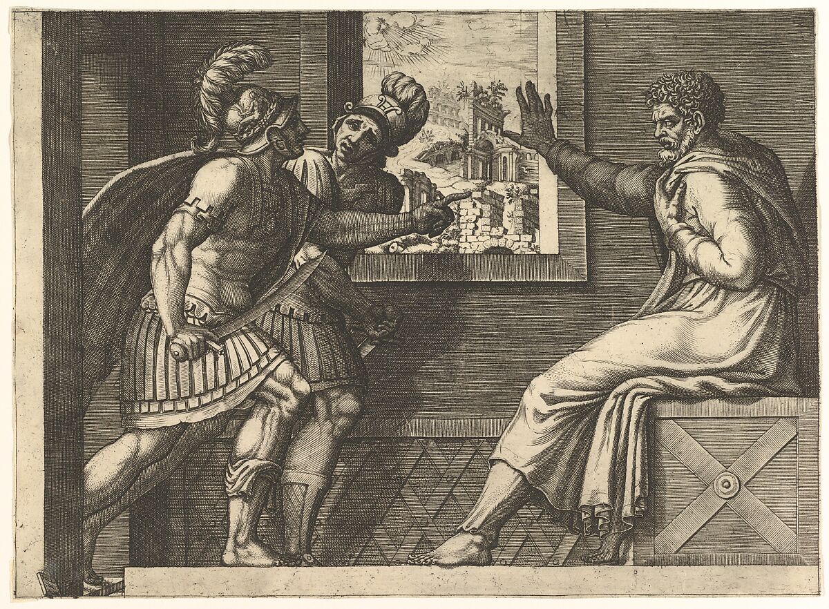 Caius Marius in prison; two Cimbrian soldiers entering his cell, Giorgio Ghisi (Italian, Mantua ca. 1520–1582 Mantua), Engraving 