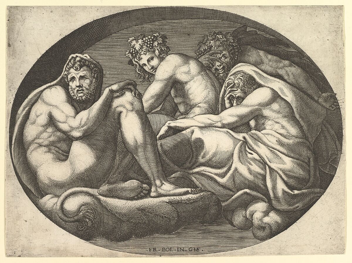 Hercules, Bacchus, Pan, and Saturn, from a series of eight compositions after Francesco Primaticcio's designs for the ceiling of the Ulysses Gallery (destroyed 1738–39) at Fontainebleau, Giorgio Ghisi (Italian, Mantua ca. 1520–1582 Mantua), Engraving 