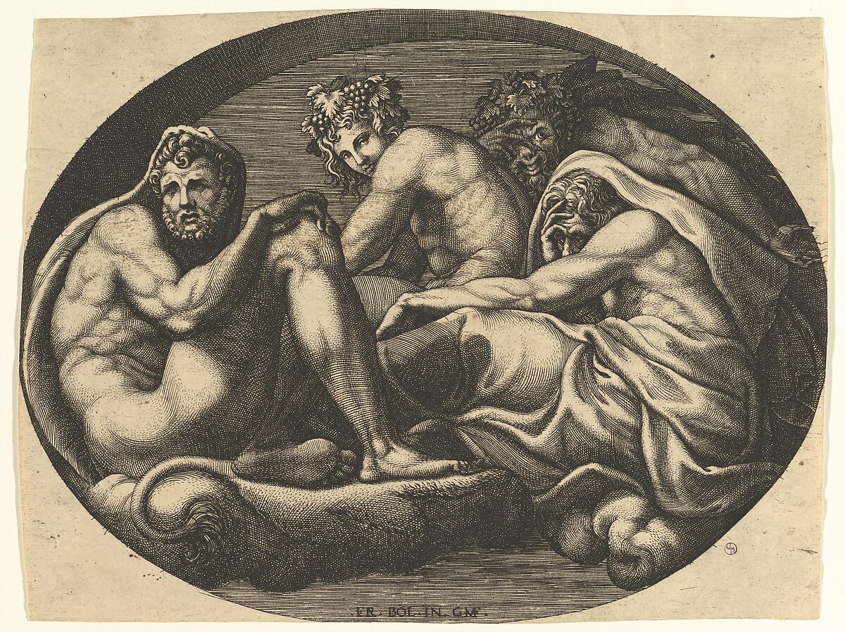 Hercules, Bacchus, Pan, and Saturn(?), from a series of eight compositions after Francesco Primaticcio's designs for the ceiling of the Ulysses Gallery (destroyed 1738–39) at Fontainebleau, Giorgio Ghisi (Italian, Mantua ca. 1520–1582 Mantua), Engraving 