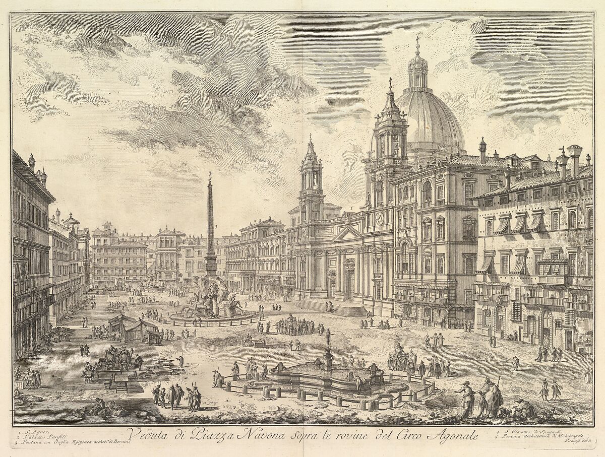 The Piazza Navona, Rome, above the ruins of the Circus of Domitian, the Church of Sant Agnese to the right, Bernini's fountain in the center, from "Vedute di Roma", Giovanni Battista Piranesi (Italian, Mogliano Veneto 1720–1778 Rome), Etching 