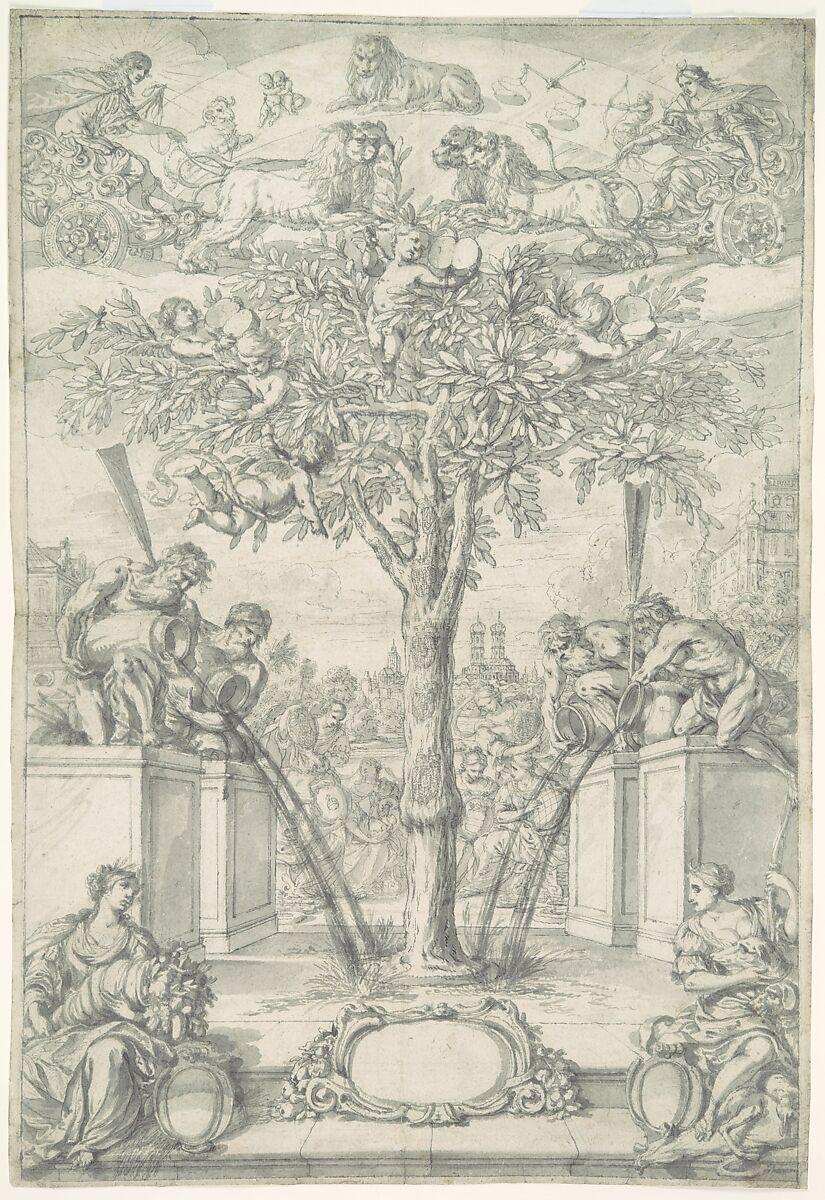 An Allegory of the Union of the House of Orange and the Wittelsbach Family (Design for a Title Page of a Thesis), Jonas Umbach (German, Augsburg 1624–1693 Augsburg), Black chalk, pen and brown ink, gray wash 