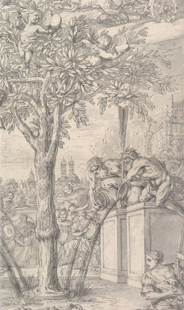 An Allegory of the Union of the House of Orange and the Wittelsbach Family (Design for a Title Page of a Thesis), Jonas Umbach (German, Augsburg 1624–1693 Augsburg), Black chalk, pen and brown ink, gray wash