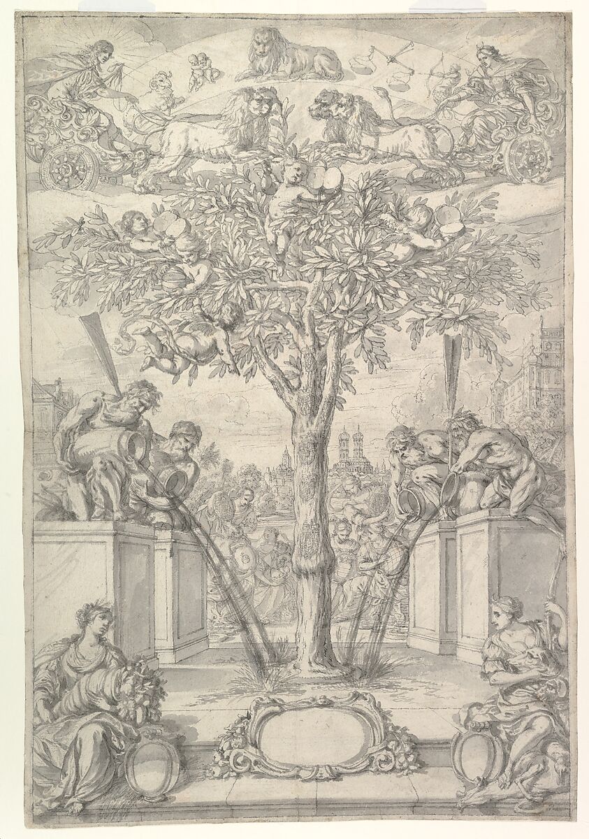 An Allegory of the Union of the House of Orange and the Wittelsbach Family (Design for a Title Page of a Thesis), Jonas Umbach (German, Augsburg 1624–1693 Augsburg), Black chalk, pen and brown ink, gray wash