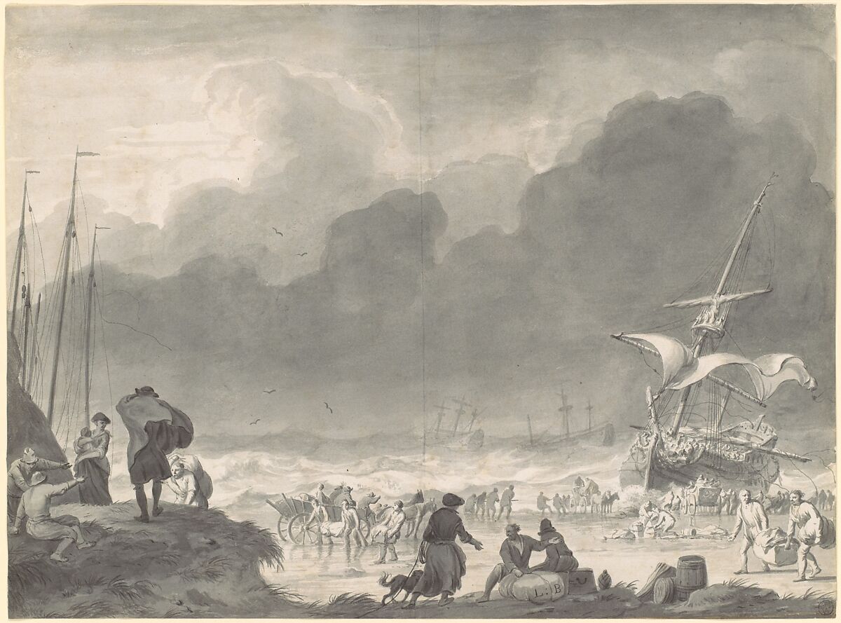 A Ship Wrecked on a Shore on a Stormy Night, with Survivors Salvaging Their Goods, Ludolf Backhuysen (Dutch, Emden 1630–1708 Amsterdam), Brush and gray and black wash, over a sketch in black chalk