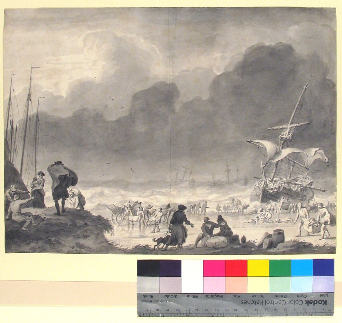 A Ship Wrecked on a Shore on a Stormy Night, with Survivors Salvaging Their Goods, Ludolf Backhuysen (Dutch, Emden 1630–1708 Amsterdam), Brush and gray and black wash, over a sketch in black chalk