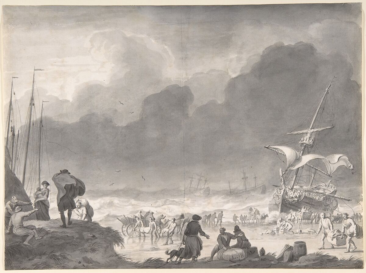 A Ship Wrecked on a Shore on a Stormy Night, with Survivors Salvaging Their Goods, Ludolf Backhuysen (Dutch, Emden 1630–1708 Amsterdam), Brush and gray and black wash, over a sketch in black chalk 