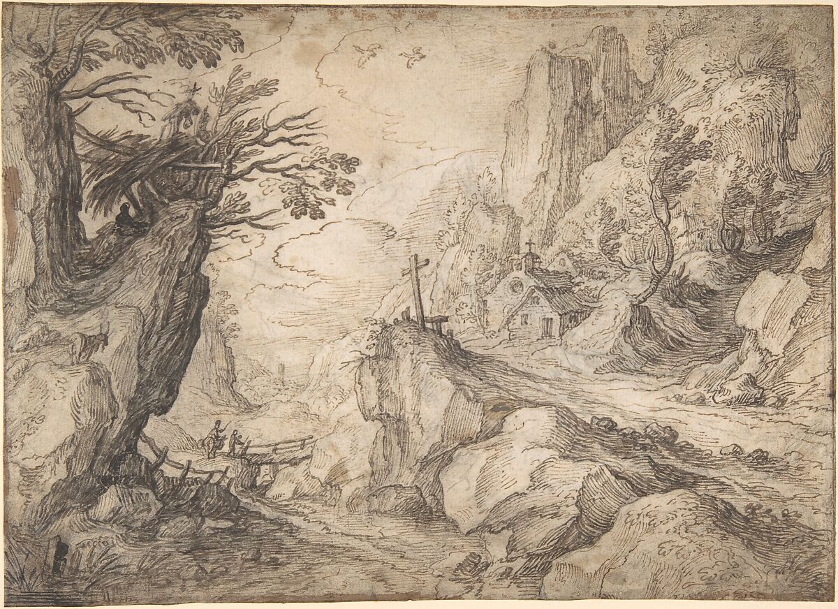 A Mountainous River Landscape with a Hermit and a Chapel, Matthijs Bril the Younger (Netherlandish, Antwerp 1550–1583 Rome), Pen and brown ink, over black chalk; framing lines in brown ink along upper and right border 