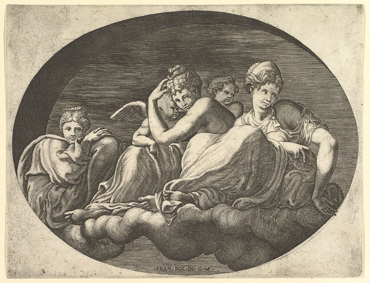 Venus and Cupid, Two Other Goddesses, and a Putto, from a series of eight compositions after Francesco Primaticcio's designs for the ceiling of the Ulysses Gallery (destroyed 1738-39) at Fontainebleau, Giorgio Ghisi (Italian, Mantua ca. 1520–1582 Mantua), Engraving 
