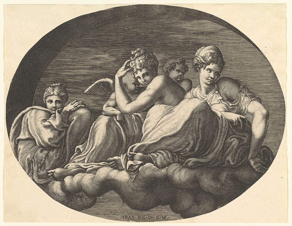 Venus and Cupid, two other goddesses and a putto, from a series of eight compositions after Francesco Primaticcio's designs for the ceiling of the Ulysses Gallery (destroyed 1738–39) at Fontainebleau, Giorgio Ghisi (Italian, Mantua ca. 1520–1582 Mantua), Engraving 