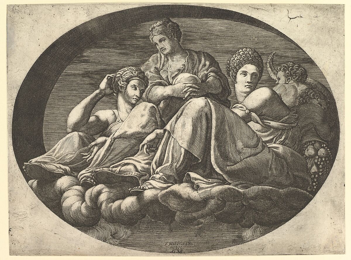 Ceres Seated on Clouds with Two Goddesses and Two Putti, from a series of eight compositions after Francesco Primaticcio's designs for the ceiling of the Ulysses Gallery (destroyed 1738-39) at Fontainebleau, Giorgio Ghisi (Italian, Mantua ca. 1520–1582 Mantua), Engraving 