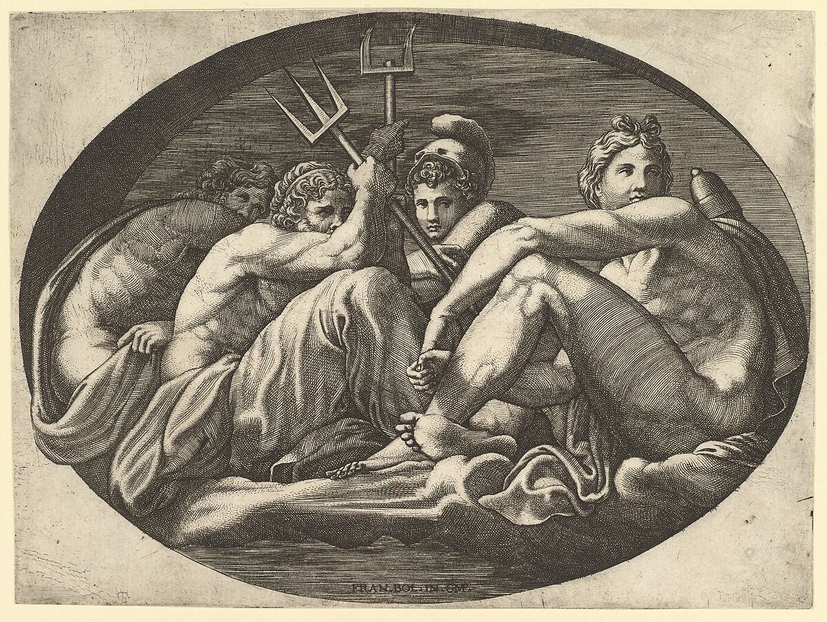 Pluto, Neptune, Minerva and Apollo, from a series of eight compositions after Francesco Primaticcio's designs for the ceiling of the Ulysses Gallery (destroyed 1738-39) at Fontainebleau, Giorgio Ghisi (Italian, Mantua ca. 1520–1582 Mantua), Engraving 