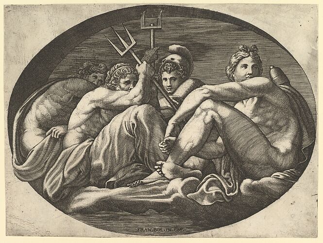 Pluto, Neptune, Minerva and Apollo, from a series of eight compositions after Francesco Primaticcio's designs for the ceiling of the Ulysses Gallery (destroyed 1738-39) at Fontainebleau
