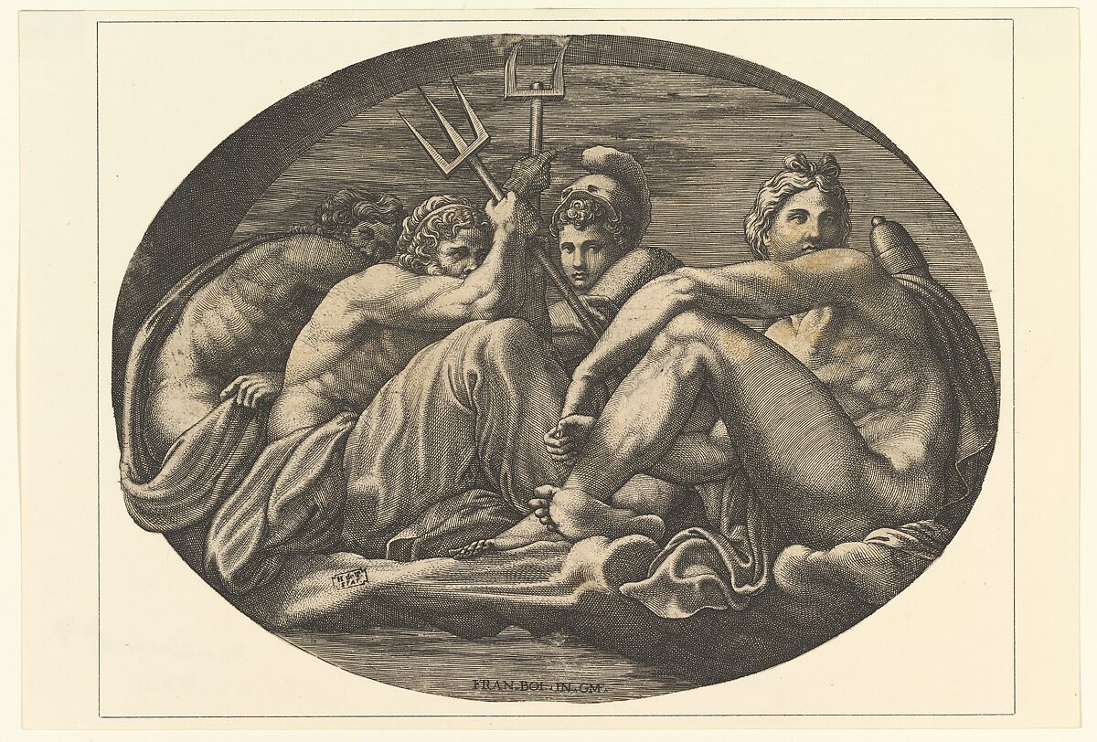 Pluto, Neptune, Minerva, and Apollo, from a series of eight compositions after Francesco Primaticcio's designs for the ceiling of the Ulysses Gallery (destroyed 1738–39) at Fontainebleau, Giorgio Ghisi (Italian, Mantua ca. 1520–1582 Mantua), Engraving 