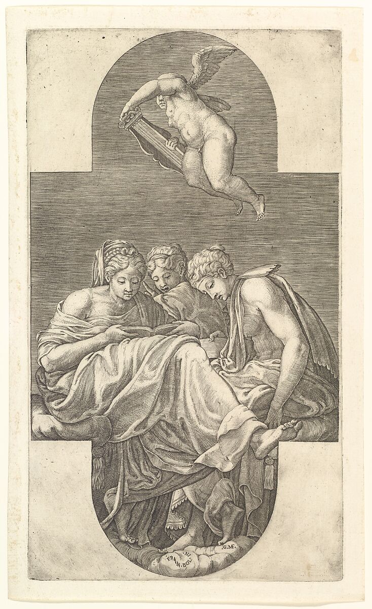 Three Muses and a Putto with a Lyre, a cruciform composition, from a series of eight compositions after Francesco Primaticcio's designs for the ceiling of the Gallery of Ulysses (destroyed 1738–39) at Fontainebleau, Giorgio Ghisi (Italian, Mantua ca. 1520–1582 Mantua), Engraving 