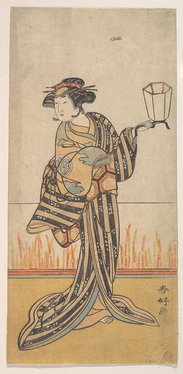 Second Yamashita Kinsaku as a Woman Standing in a Room, Katsukawa Shunkō (Japanese, 1743–1812), Woodblock print; ink and color on paper, Japan 