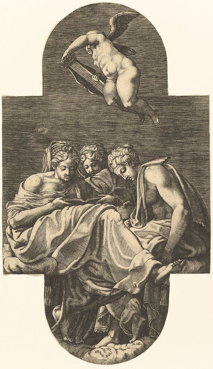 Three Muses and a putto above with a lyre, from a series of eight compositions after Francesco Primaticcio's designs for the ceiling of the Ulysses Gallery (destroyed 1738-39) at Fontainebleau, Giorgio Ghisi (Italian, Mantua ca. 1520–1582 Mantua), Engraving 