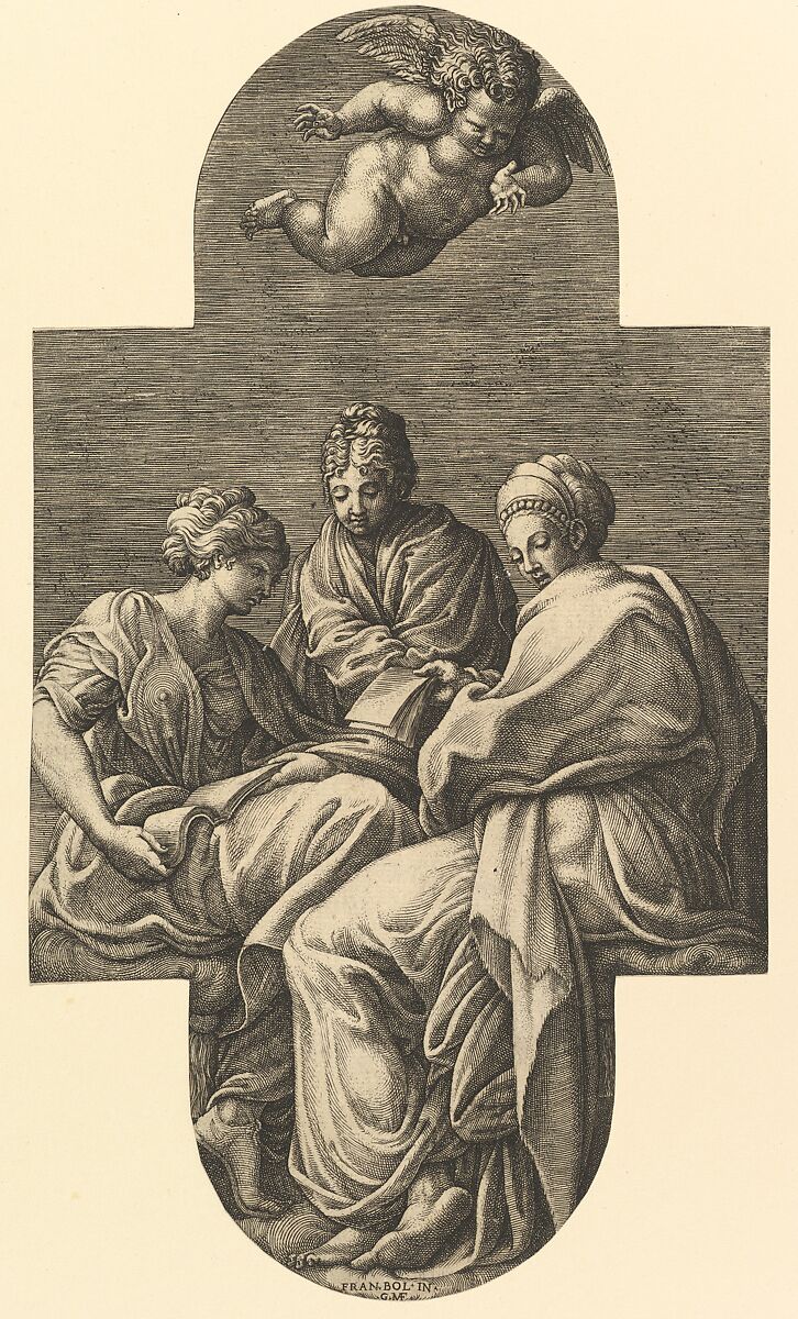 Three Muses and a Gesturing Putto, from a series of eight compositions after Francesco Primaticcio's designs for the ceiling of the Ulysses Gallery (destroyed 1738-39) at Fontainebleau, Giorgio Ghisi (Italian, Mantua ca. 1520–1582 Mantua), Engraving 
