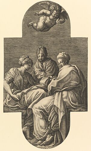 Three Muses and a Gesturing Putto, from a series of eight compositions after Francesco Primaticcio's designs for the ceiling of the Ulysses Gallery (destroyed 1738-39) at Fontainebleau
