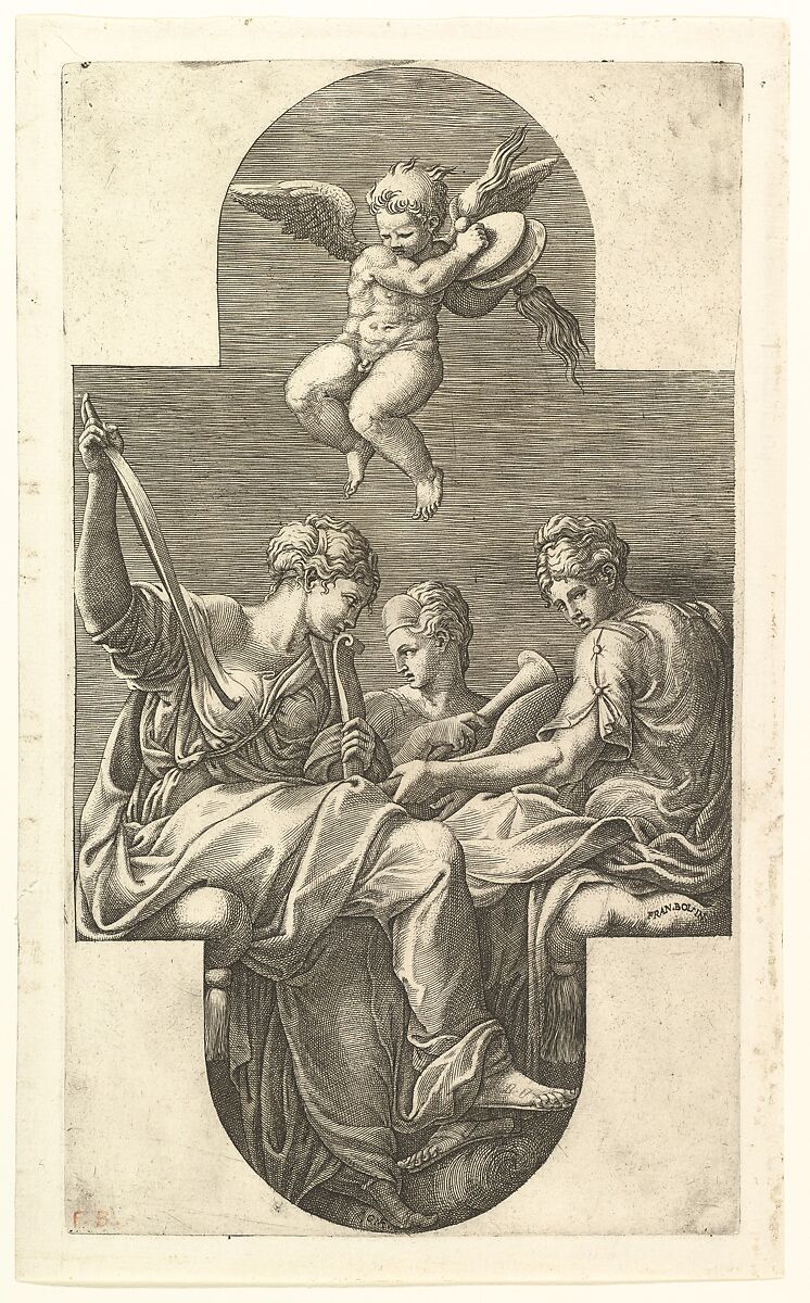 Three Muses and a Putto with Cymbals,  a cruciform composition, from a series of eight compositions after Francesco Primaticcio's designs for the ceiling of the Gallery of Ulysses (destroyed 1738-39) at Fontainebleau, Giorgio Ghisi (Italian, Mantua ca. 1520–1582 Mantua), Engraving 