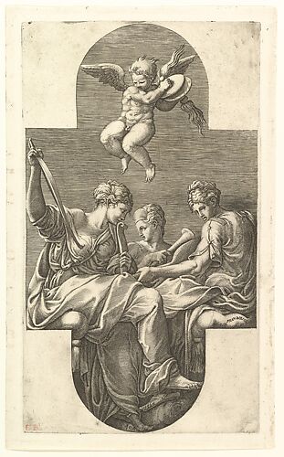 Three Muses and a Putto with Cymbals,  a cruciform composition, from a series of eight compositions after Francesco Primaticcio's designs for the ceiling of the Gallery of Ulysses (destroyed 1738-39) at Fontainebleau