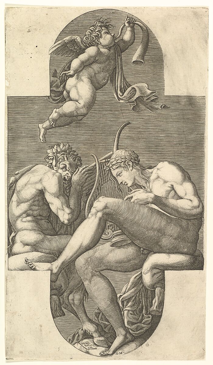 Apollo, Pan, and a Putto Blowing a Horn,  a cruciform composition, from a series of eight compositions after Francesco Primaticcio's designs for the ceiling of the Gallery of Ulysses (destroyed 1738-39) at Fontainebleau, Giorgio Ghisi (Italian, Mantua ca. 1520–1582 Mantua), Engraving 