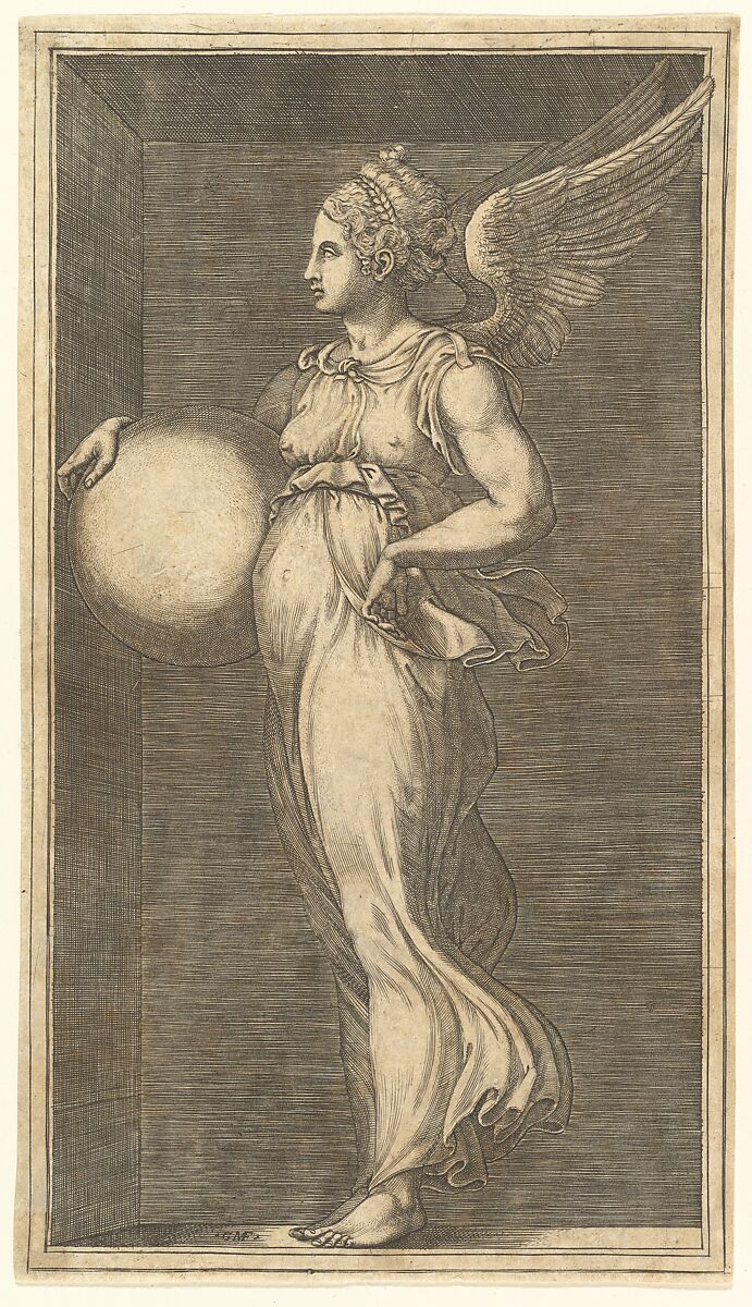 Female Winged Allegorical Figure Holding a Sphere, Giorgio Ghisi (Italian, Mantua ca. 1520–1582 Mantua), Engraving 