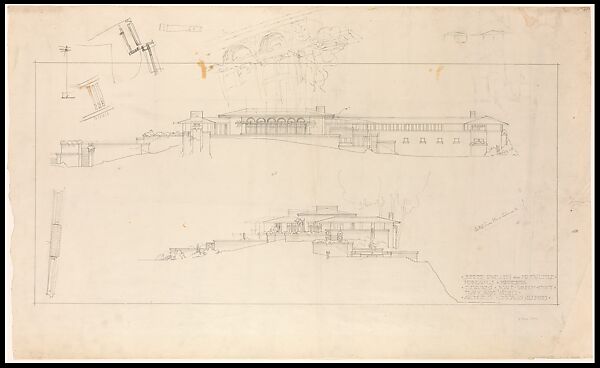 Francis W. Little House: East and South Elevations - Scheme 1 with alternate Scheme 2 details, Frank Lloyd Wright (American, Richland Center, Wisconsin 1867–1959 Phoenix, Arizona) and Studio, Graphite 