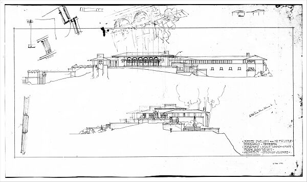 Francis W. Little House: East and South Elevations - Scheme 1 with alternate Scheme 2 details, Frank Lloyd Wright (American, Richland Center, Wisconsin 1867–1959 Phoenix, Arizona) and Studio, Graphite