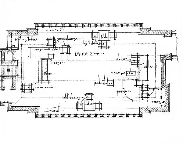 Francis W. Little House: Furniture Plan, Frank Lloyd Wright (American, Richland Center, Wisconsin 1867–1959 Phoenix, Arizona) and Studio, Graphite and orange and brown pencil