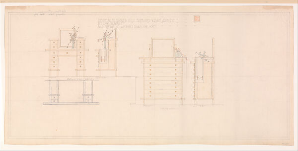 Francis W. Little House: Bedroom Furniture- Dressing Table and Highboy, Frank Lloyd Wright (American, Richland Center, Wisconsin 1867–1959 Phoenix, Arizona) and Studio, Graphite and orange, green and yellow pencils 