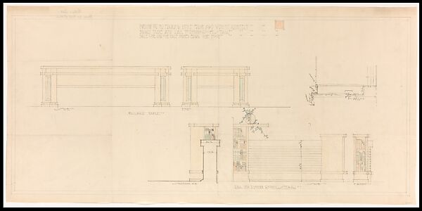 Francis W. Little House: Billiard Table and Rail to Dining Room Stair, Frank Lloyd Wright (American, Richland Center, Wisconsin 1867–1959 Phoenix, Arizona) and Studio, Graphite and orange, green, yellow and brown pencils 